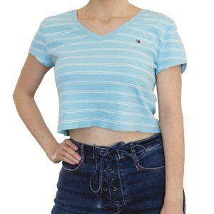 Tommy Hilfiger Blue and White Stripe Cropped Tee